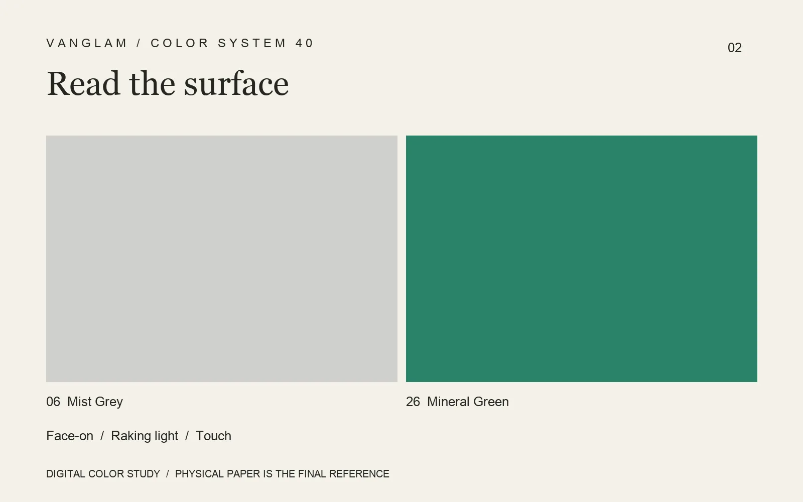 Reading a low-sheen colored paper: face-on, raking light and touch